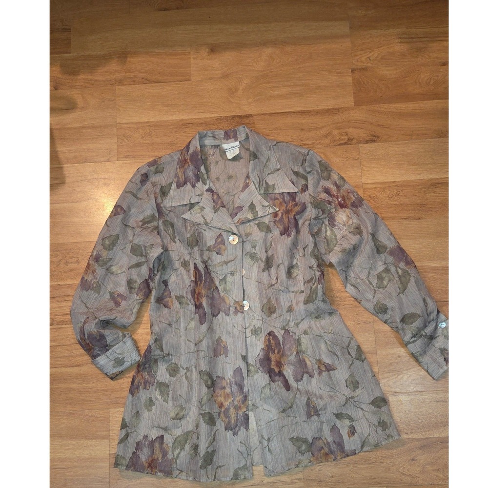 Anne Charles Vintage Sheer Floral Button Up Blouse Grey Purple Large Made in USA
